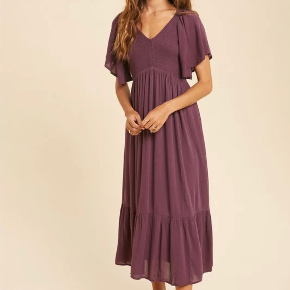 Flutter Sleeve Smocked Midi Dress